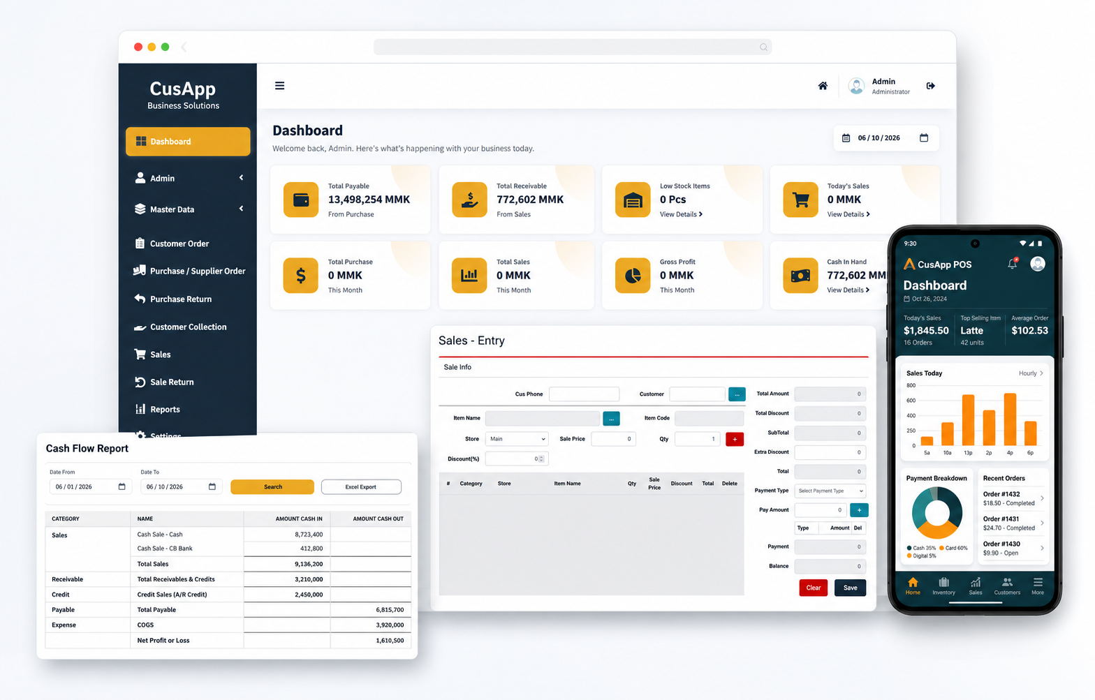 CusApp POS inventory dashboard sales entry cash flow report and mobile app preview